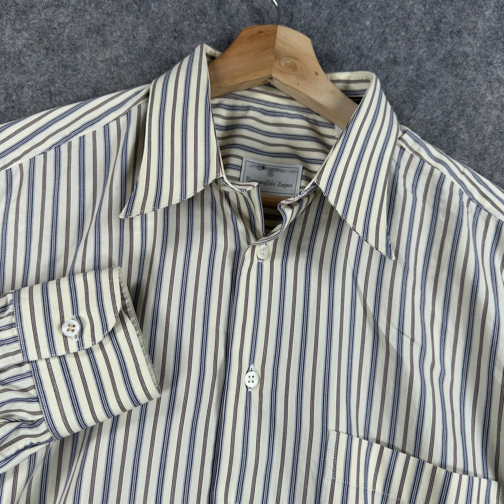 Ermenegildo Zegna Shirt Mens Large White Stripe Long Sleeve Classic Dress Cotton